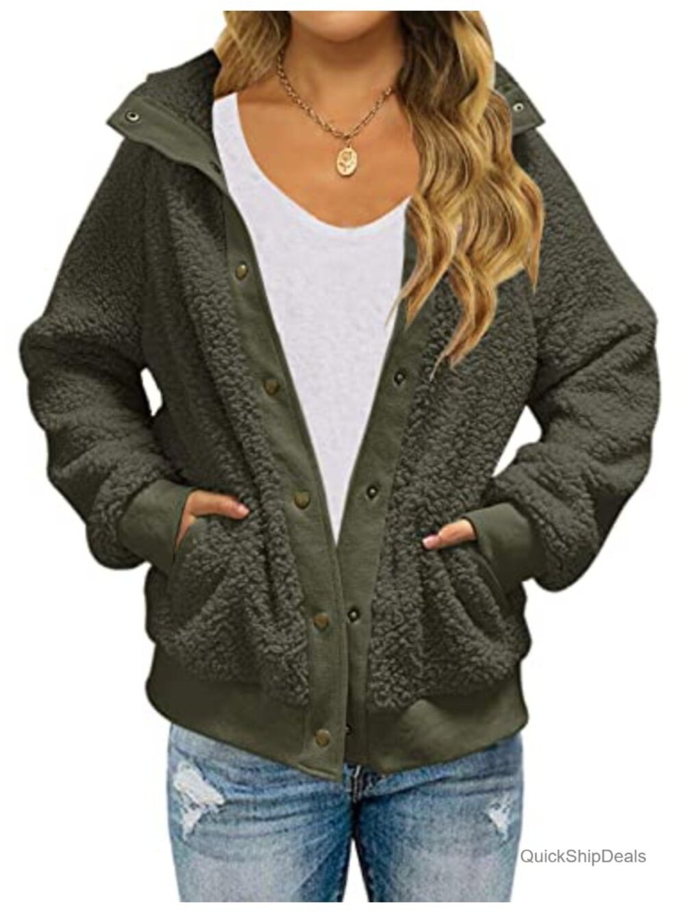 Sherpa Fleece Snap Button Jacket Fuzzy Warm Winter Coat
